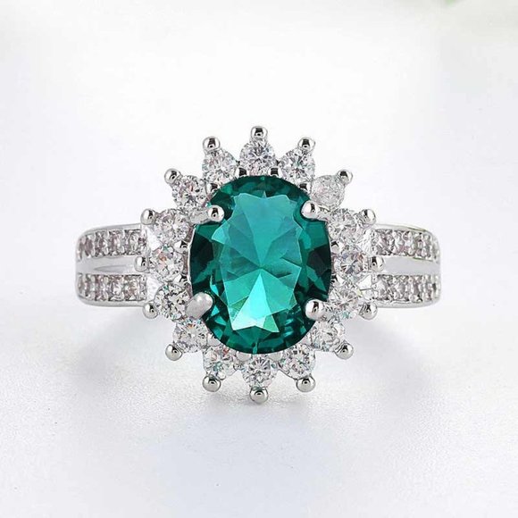 Noble Large Oval Sun Flower Shiny Elegant Green Silver Ring for Women, V… - Picture 6 of 6